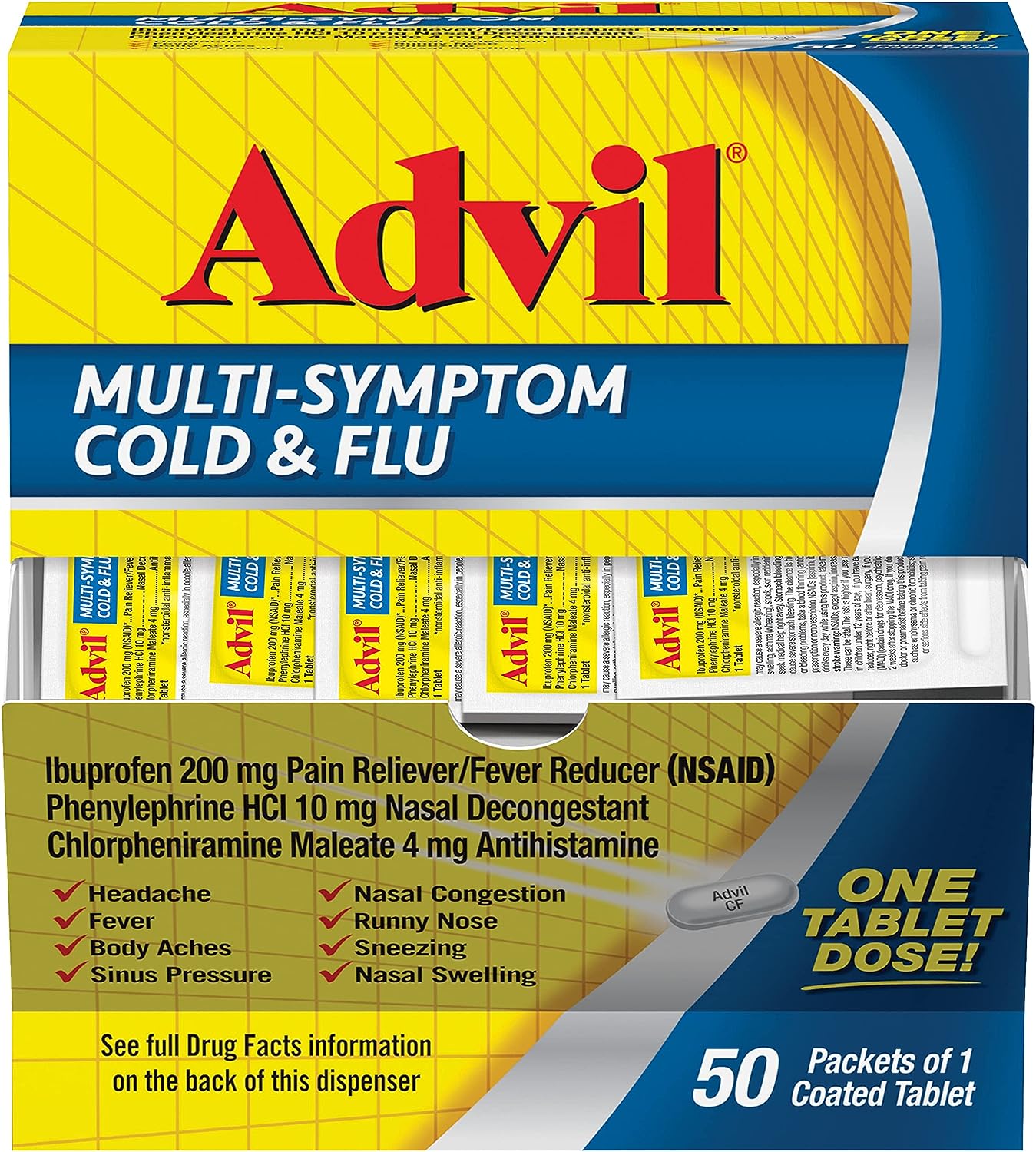 Advil Multi Symptom Cold and Flu Medicine, Cold Medicine for Adults with Ibuprofen, Phenylephrine HCL and Chlorpheniramine Maleate - 50 Coated Tablets