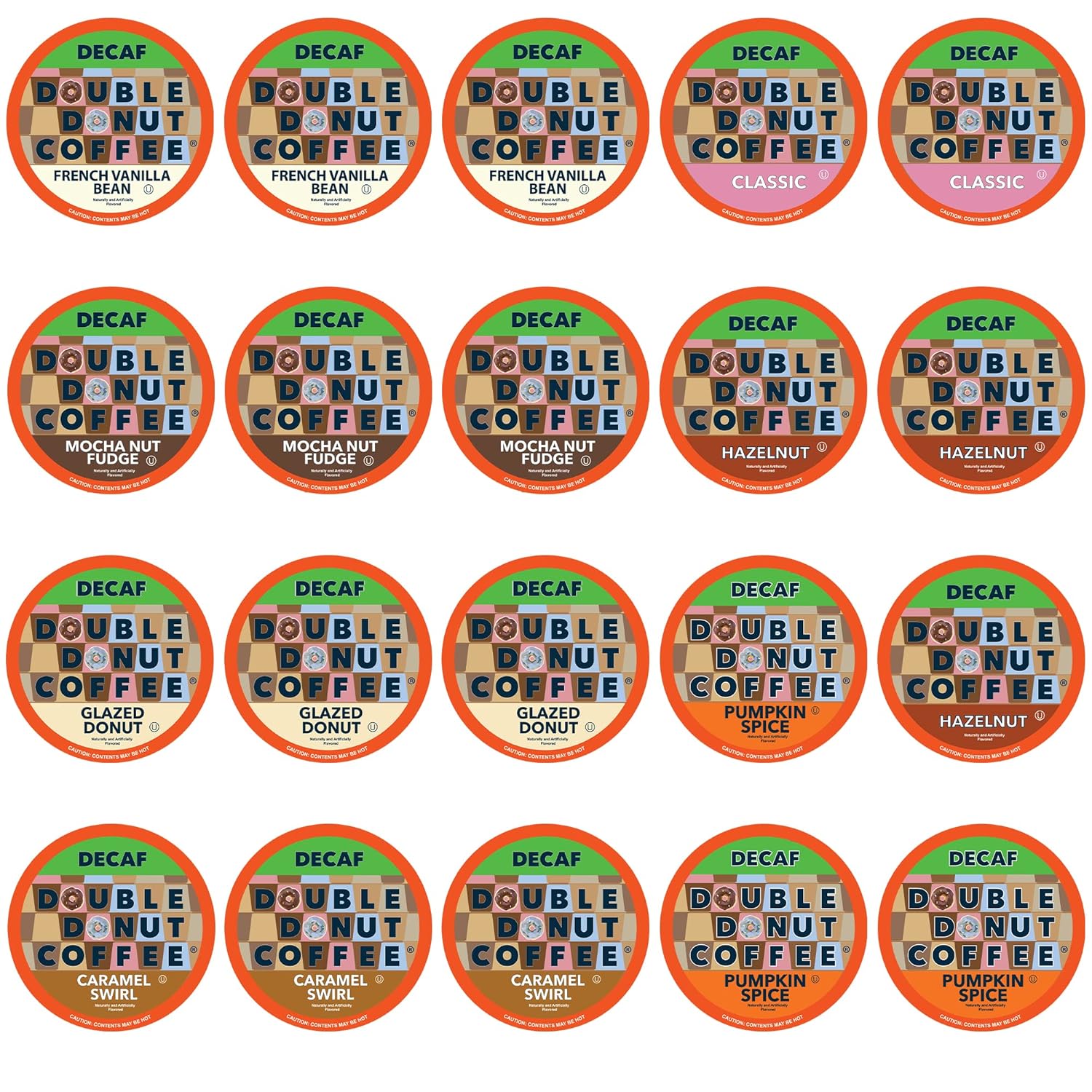 Double Donut Coffee Decaf Flavored Coffee Single Serve Cups For Keurig K Cup Brewer Variety Pack Sampler, 20Count