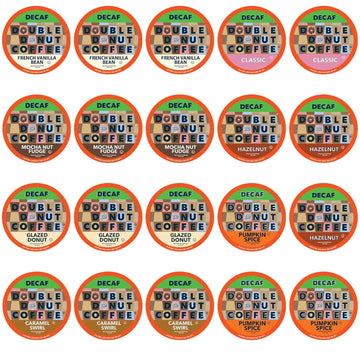 Double Donut Coffee Decaf Flavored Coffee Single Serve Cups For Keurig K Cup Brewer Variety Pack Sampler, 20Count