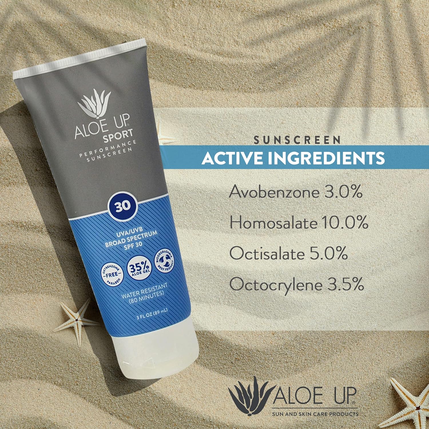 Aloe Up Sport Sunscreen Lotion SPF 30 - Broad Spectrum UVA/UVB Sunscreen Protector for Face and Body - With Hydrating Aloe Vera Gel - Non-Greasy - No White Cast - Reef Safe - Fragrance-Free - 3 Oz. : Beauty & Personal Care