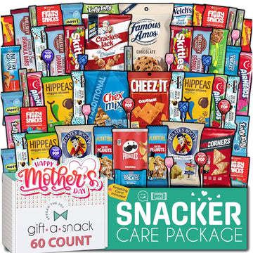Gift A Snack - Mothers Day Snack Box Variety Pack Care Package + Greeting Card (60 Count) Sweet Treats Gift Basket, Candies Chips Crackers Bars, Crave Food Assortment