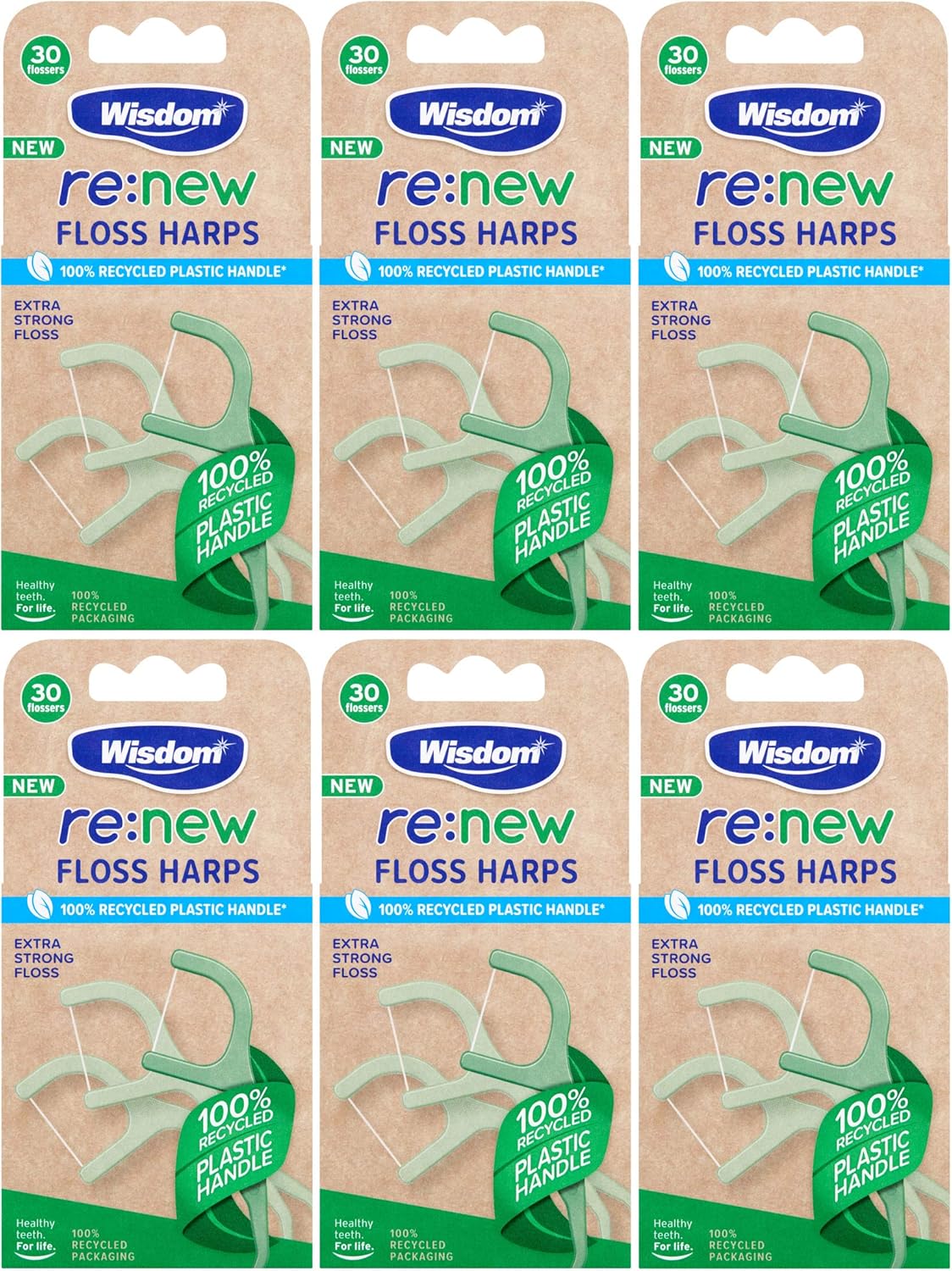 Wisdom Re:New Floss Harps X30 - Pack Of 6 (180 Harps) | Recycled Plastic