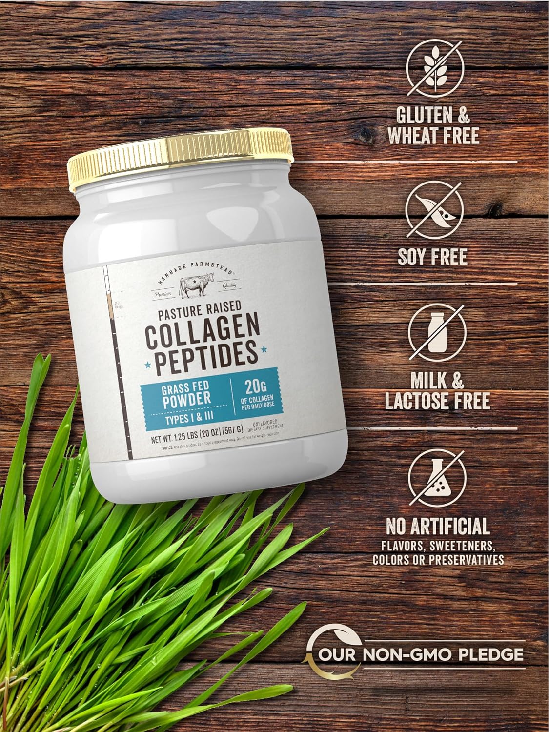 Carlyle Grass Fed Collagen Peptides Powder 20oz | Unflavored | Pasture Raised | Types I & III | 20g of Collagen Per Daily Dose | Non-GMO, Gluten Free | by Herbage Farmstead : Health & Household