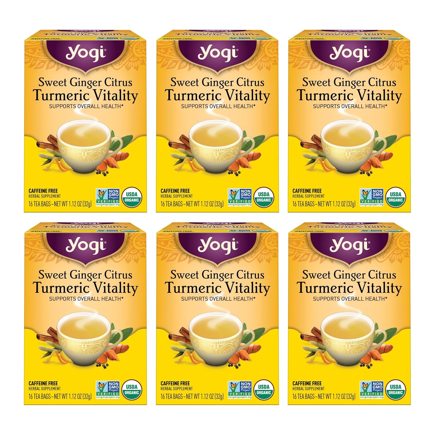 Yogi Tea Sweet Ginger Citrus Turmeric Vitality Tea - 16 Tea Bags Per Pack (6 Packs) - Organic Ginger Turmeric Tea - Supports Well-Being - Includes Turmeric Root, Ginger Root, Cinnamon Bark & More