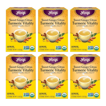 Yogi Tea Sweet Ginger Citrus Turmeric Vitality Tea - 16 Tea Bags Per Pack (6 Packs) - Organic Ginger Turmeric Tea - Supports Well-Being - Includes Turmeric Root, Ginger Root, Cinnamon Bark & More