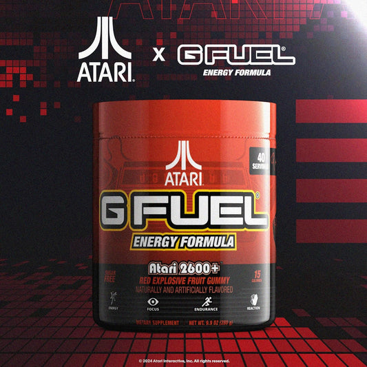 G Fuel Atari 2600+™ Energy Powder, Sugar Free, Clean Caffeine Focus Supplement, Water Mix, Red Explosive Fruit Gummy Flavor, Focus Amino, Vitamin + Antioxidants Blend, 9.9 Oz (40 Servings)