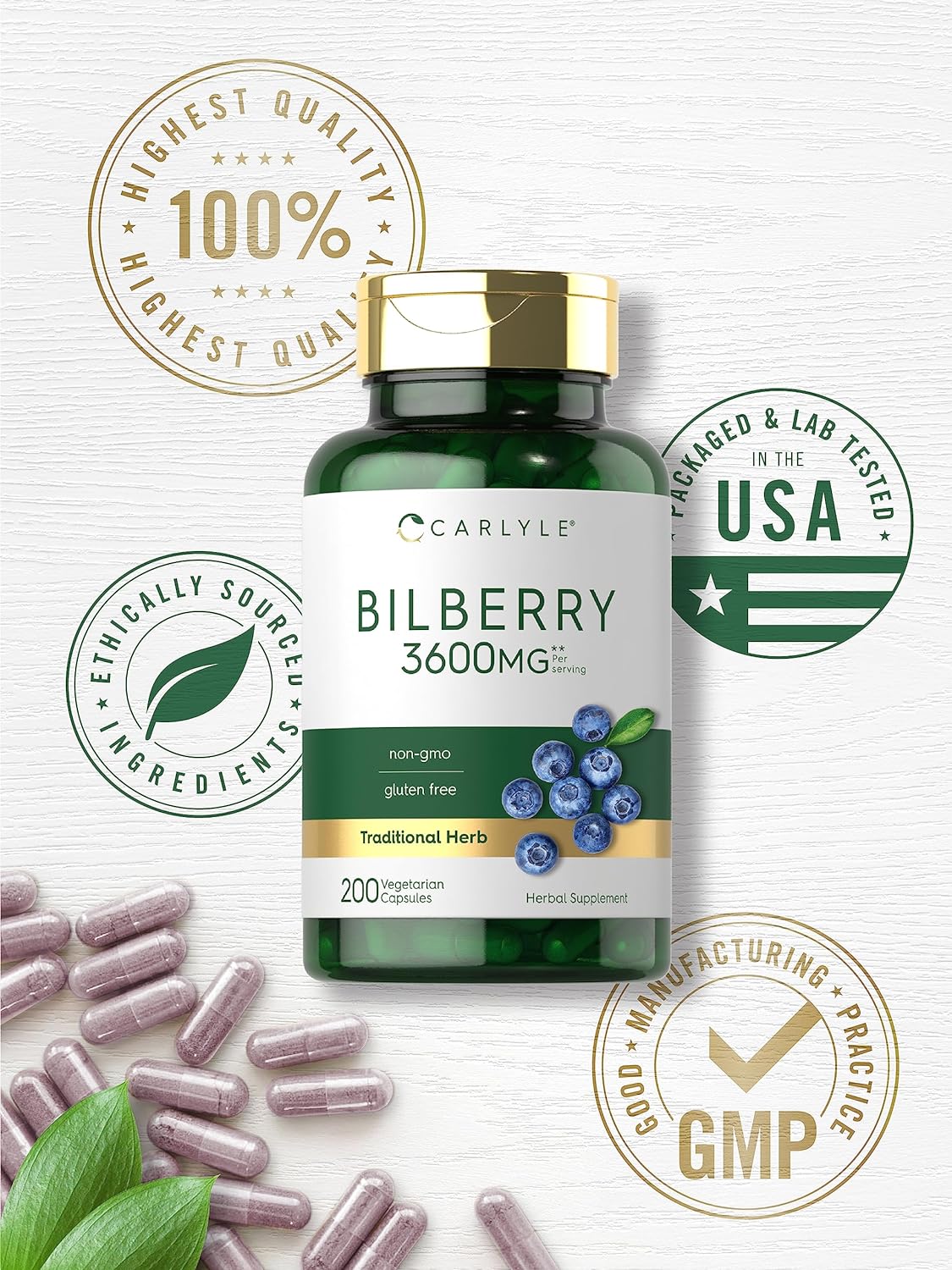 Carlyle Bilberry Extract Capsules | 3600mg | 200 Count | Vegetarian, Non-GMO, Gluten Free Fruit Supplement : Health & Household