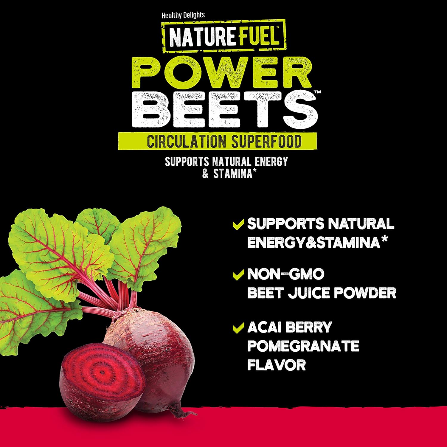 Healthy Delights Nature Fuel Power Beets - Super Concentrated Non-GMO Beet Juice Powder for Boost Energy - Delicious Acai Berry Pomegranate Flavor - 30 Servings - Pantry Friendly : Health & Household