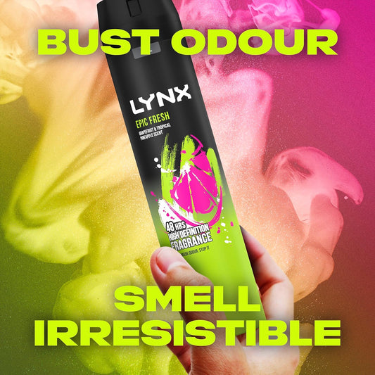 Lynx Epic Fresh Aerosol Body Spray Men'S Deodorant Spray With A Grapefruit & Tropical Pineapple Scent For 48 Hours High Definition Fragrance 6X 250 Ml