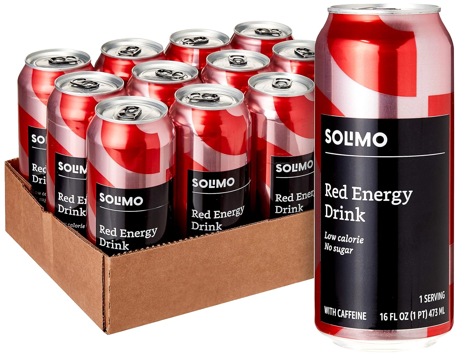 Amazon Brand - Solimo Red Energy Drink, Sugar-Free, Vegan, Low-Calorie, 16 Fl Oz (Pack Of 12)