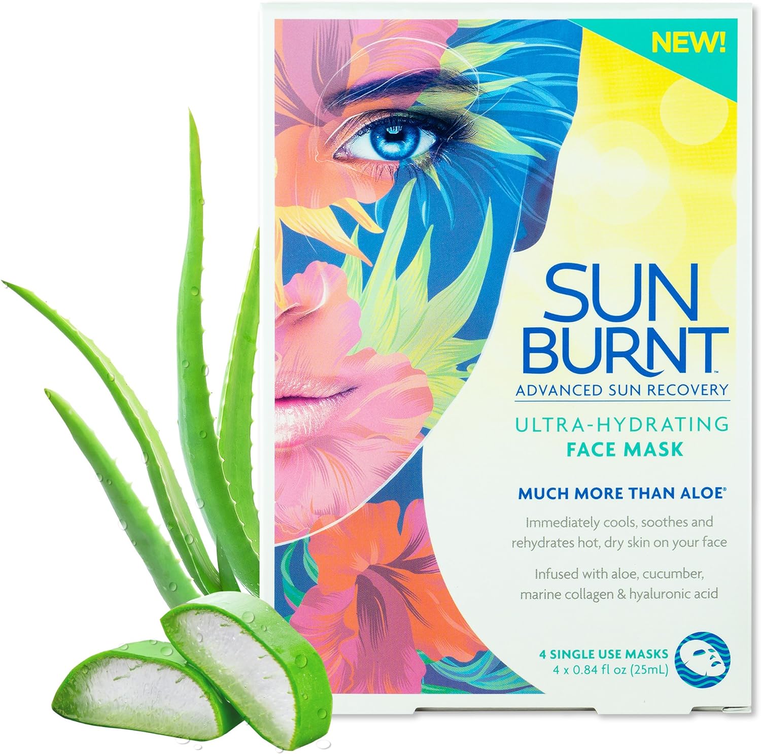 Sunburnt Ultra-Hydrating Face Sheet Mask, Advanced Sun Recovery, Treat Dry Sun Damaged Skin, For After Sun Exposure, Much More than Aloe, Soothes and Rehydrates Hot Dry Skin (4 single use masks)