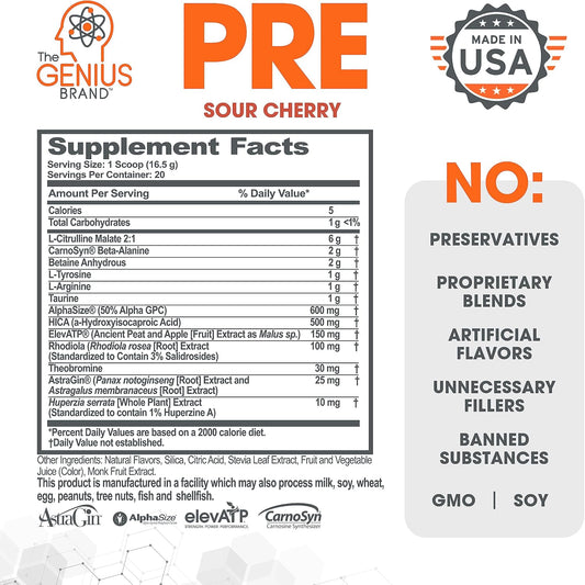 Genius Pre Workout Powder, Sour Cherry, And Genius Micronized Creatine Monohydrate Powder, Unflavored, All Natural Nootropic Pre Workout And Post Workout Supplement Stack