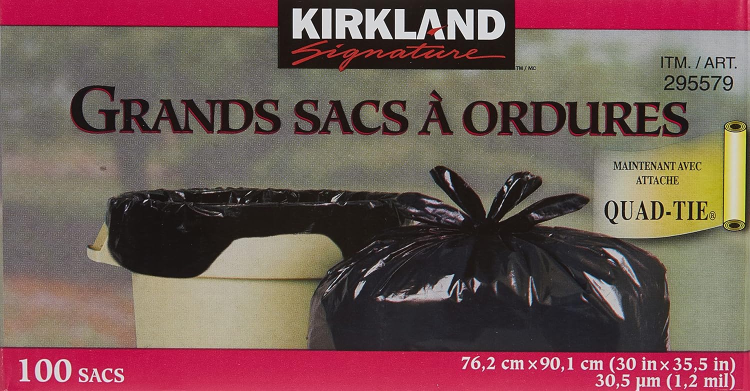 Kirkland Signature Large Quad-tie Garbage Bags, 76.2 cm × 90.1 cm (30 in × 35.5 in), Pack of 100