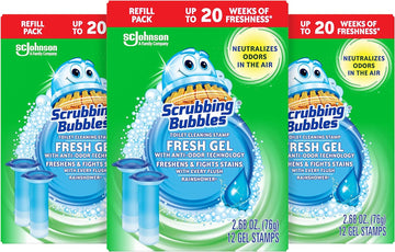 Scrubbing Bubbles Toilet Gel Stamps Refills, Fresh Gel Toilet Cleaning Stamps, Helps Keep Toilet Clean And Helps Prevent Limescale & Toilet Rings, Rainshower Scent, 12 Stamps, Pack Of 3