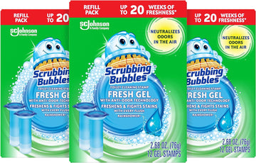 Scrubbing Bubbles Toilet Gel Stamps Refills, Fresh Gel Toilet Cleaning Stamps, Helps Keep Toilet Clean and Helps Prevent Limescale & Toilet Rings, Rainshower Scent, 12 Stamps, Pack of 3