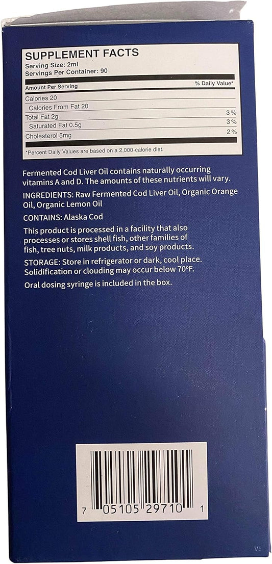 Green Pasture - Fermented Cod Liver Oil Liquid - Unflavored 6 fl. oz. Vitamin A Vitamin D Omega 3 Omega 6 Omega 9 (6.1oz Orange) : Health & Household