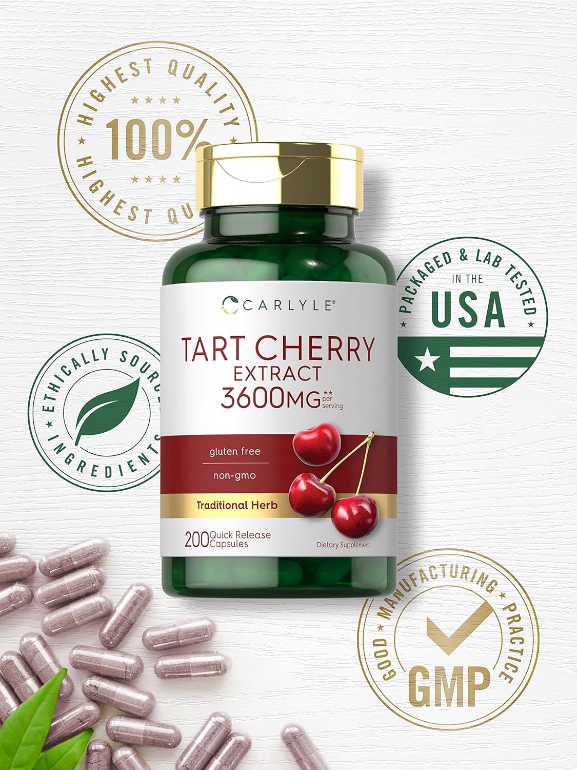 Carlyle Tart Cherry Extract Capsules | 200 Count | Non-GMO and Gluten Free Formula | Traditional Herb Supplement : Health & Household