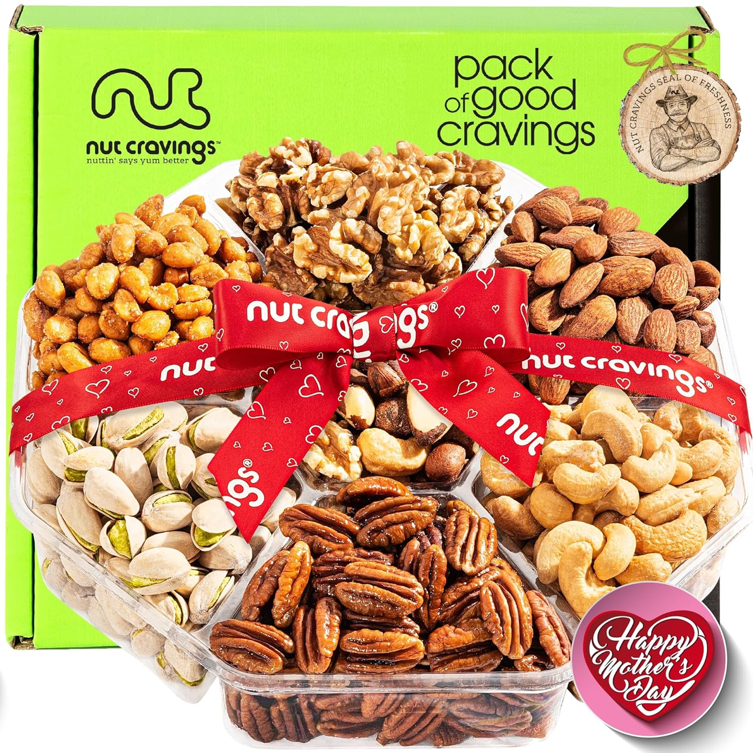 Nut Cravings Gourmet Collection - Mothers Day Mixed Nuts Gift Basket + Heart Ribbon (7 Assortments) Arrangement Platter, Birthday Care Package - Healthy Kosher Usa Made