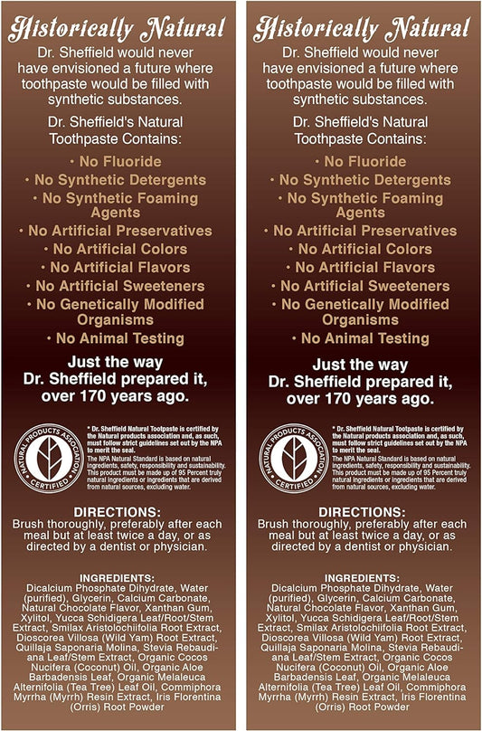 Dr. Sheffield’s Certified Natural Toothpaste (Chocolate) - Great Tasting, Fluoride Free Toothpaste/Freshen Your Breath, Whiten Your Teeth, Reduce Plaque (2-Pack)