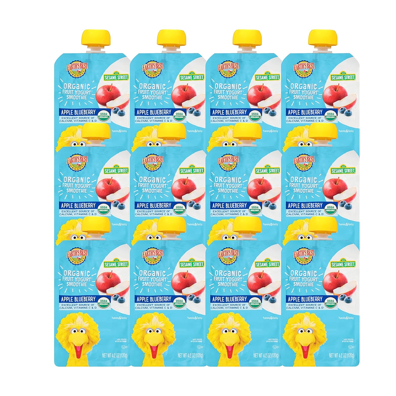 Earth'S Best Organic Kids Snacks, Sesame Street Toddler Snacks, Organic Fruit Yogurt Smoothie For Toddlers 2 Years And Older, Apple Blueberry, 4.2 Oz Resealable Pouch (Pack Of 12)