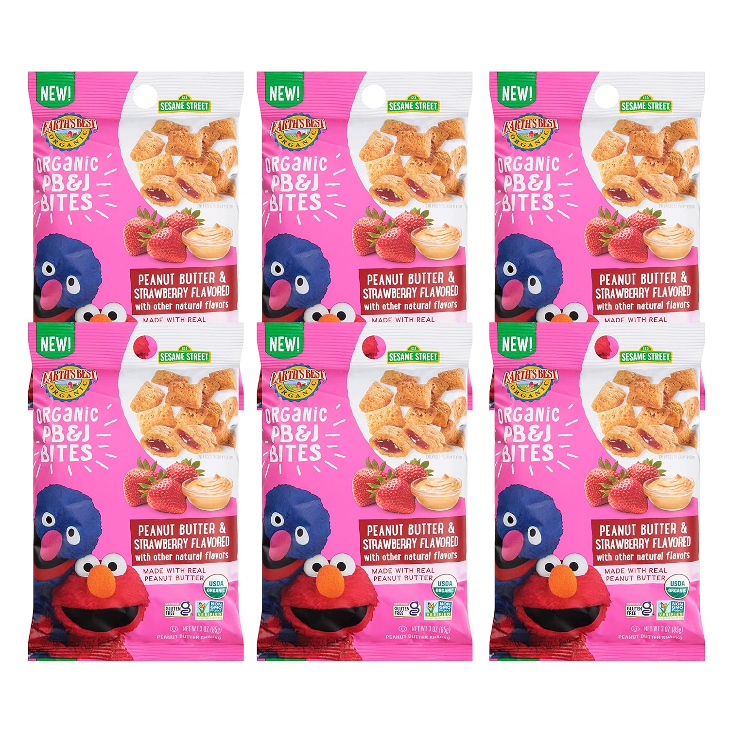 Earth'S Best Organic Kids Snacks, Sesame Street Toddler Snacks, Organic Pb&J Bites For Toddlers 2 Years And Older, Peanut Butter And Strawberry Flavored With Other Natural Flavors, 3Oz Bag (Pack Of 6)