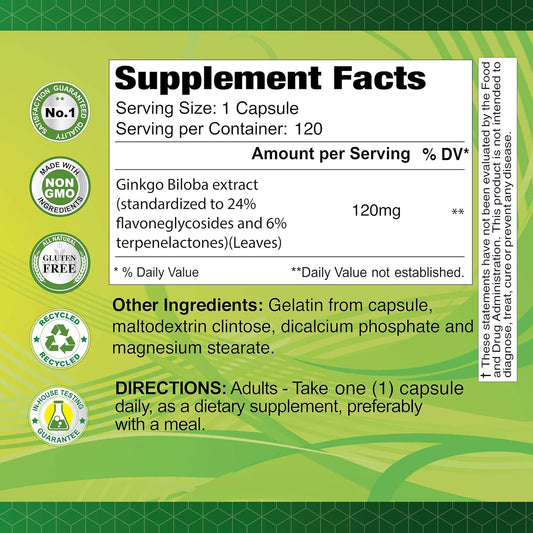 ALFA VITAMINS Ginkgo Biloba 120mg Supports Brain Function & Memory Support - 120 Capsules