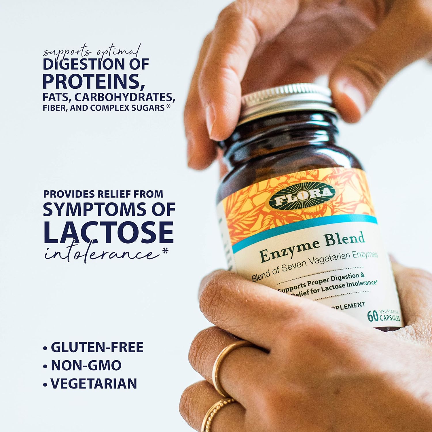 Flora - Enzyme Blend of Seven Vegetarian Enzymes, Supports Optimal Digestion of Proteins, Fast, Carbs, Fiber and Complex Sugars, Provides Relief from Lactose Intolerance, 60 Vegetarian Capsules : Health & Household