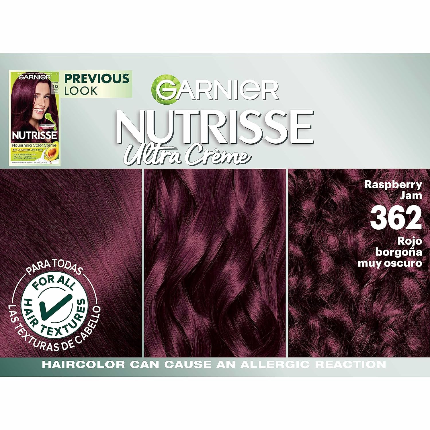 Garnier Hair Color Nutrisse Nourishing Creme, 362 Darkest Berry Burgundy (Raspberry Jam) Red Permanent Hair Dye, 2 Count (Packaging May Vary) : Beauty & Personal Care