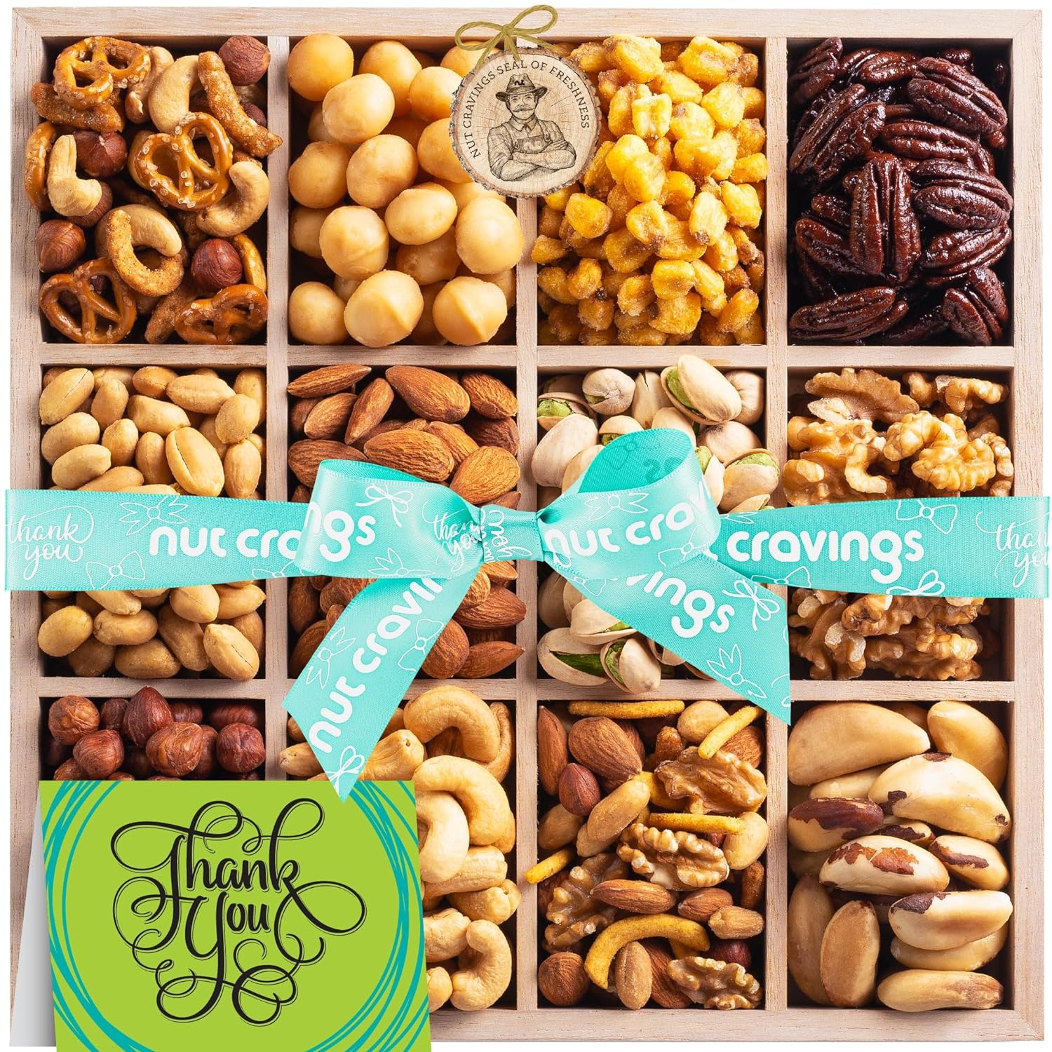 Nut Cravings Gourmet Collection - Thank You Nuts Gift Basket with TY Ribbon + Greeting Card in Reusable Wooden Tray (12 Assortments) Food Platter Appreciation Care Package Kosher