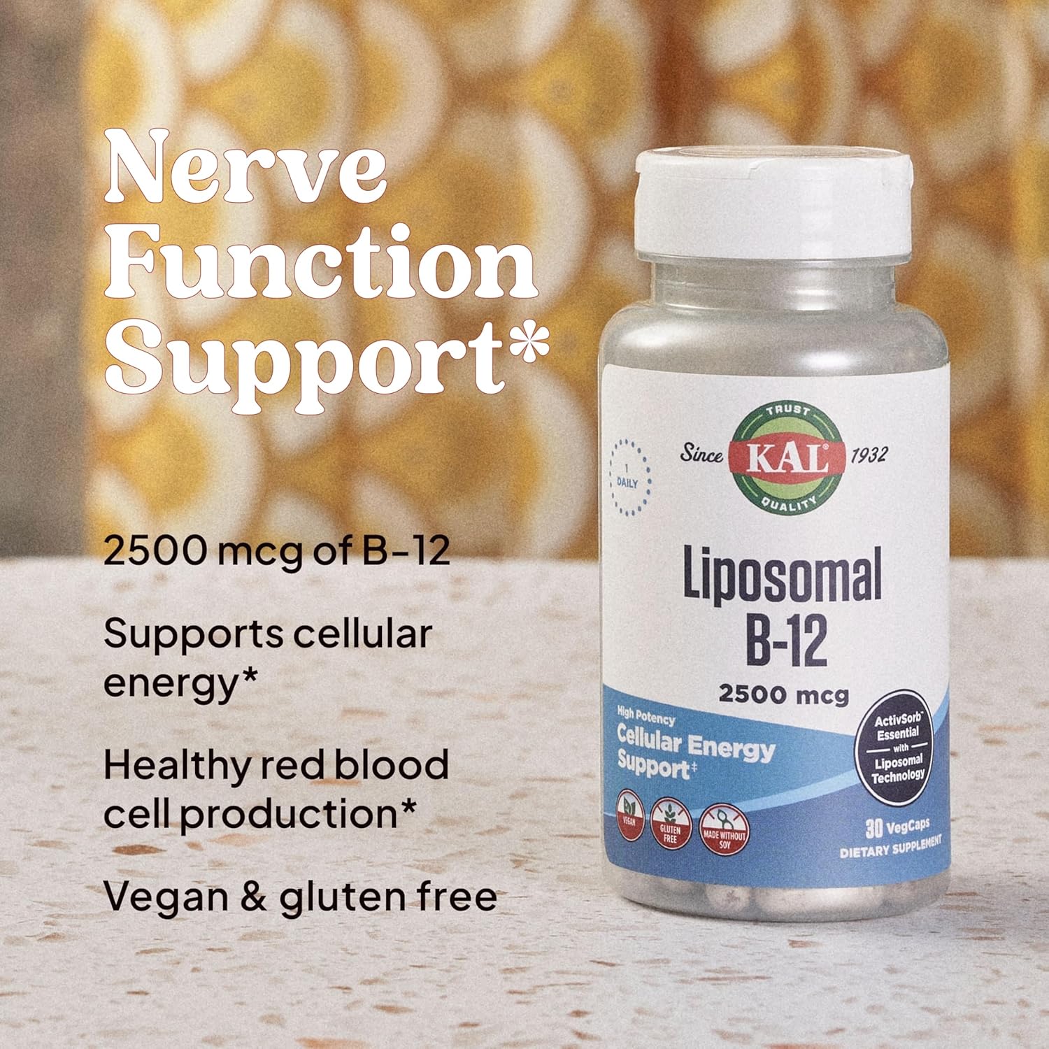 KAL Liposomal Vitamin B12 2500 mcg, High Absorption, Liposomal Technology, Cellular Energy Support, Vegan Capsules, Gluten Free, Made Without Soy, 30 Servings : Health & Household