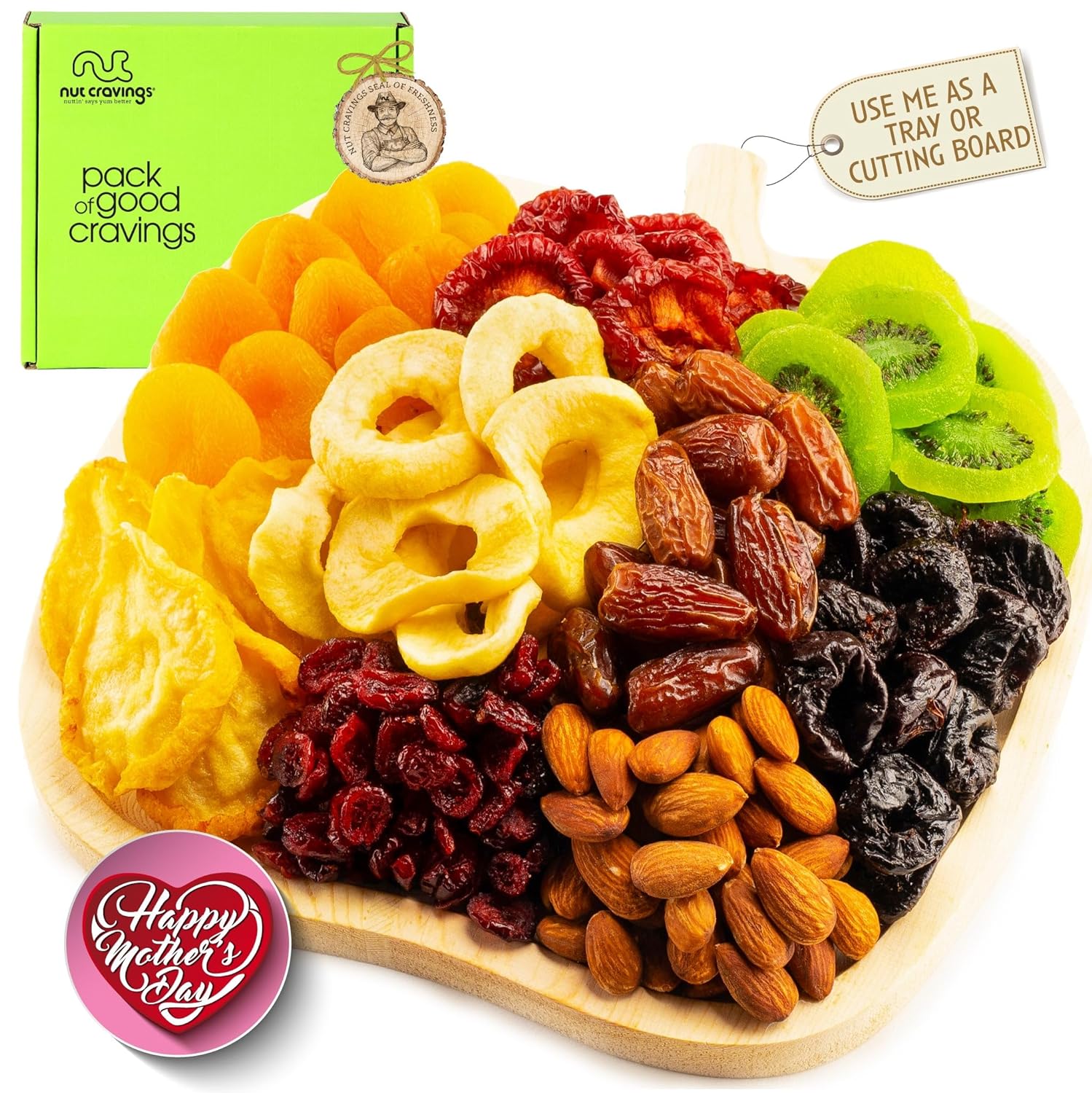 Nut Cravings Gourmet Collection - Mothers Day Dried Fruit & Mixed Nuts Gift Basket in Wooden Apple-Shaped Tray (9 Assortments) Arrangement Platter, Healthy Kosher USA Made