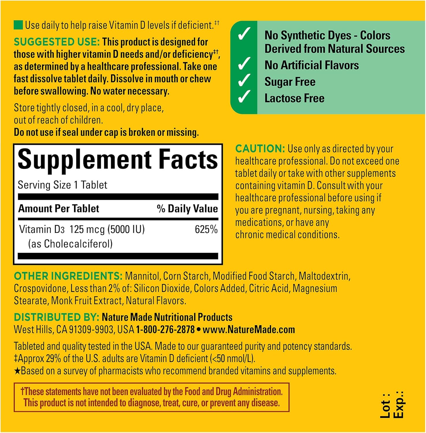 Nature Made Extra Strength Vitamin D3 5000 Iu (125 Mcg), Vitamin D Supplement For Bone, Teeth, Muscle, Immune Health Support, 70 Sugar Free Fast Dissolve Tablets, 70 Day Supply