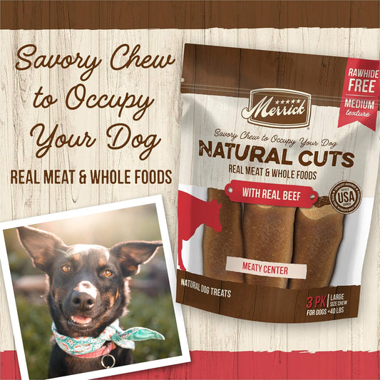 Merrick Natural Cuts Rawhide Free Dog Treats, Medium Texture Filled Dog Chew With Real Beef For Large Dogs - (Pack Of 6) 3 Ct. Pouches