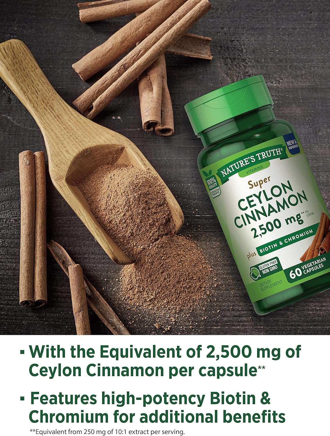 Ceylon Cinnamon Capsules | 2500mg | 60 Count | Vegetarian, Non-GMO & Gluten Free Supplement | Plus Chromium and Biotin | by Nature's Truth : Health & Household