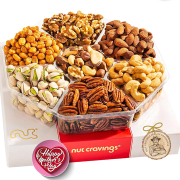 Nut Cravings Gourmet Collection - Mothers Day Mixed Nuts Gift Basket in Red Gold Box (7 Assortments, 2 LB) Arrangement Platter, Birthday Care Package - Healthy Kosher USA Made