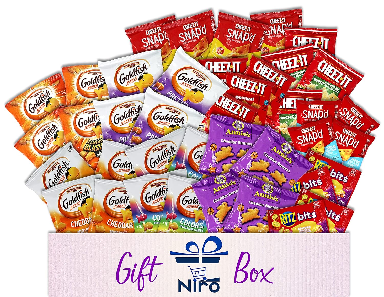 Niro Assortment | 40 Packs Individual Bags Cheese Crackers Variety Pack, Cheez-It, Gold fish, Annie's, and Ritz Bits Snack Packs | Snacks for Adults and Children
