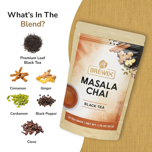 Brewix, Masala Chai Tea Bags (25 Pyramid Tea Bags) Strong, Robust & Spicy - Pure Ingredients | Black Tea, Cinnamon, Ginger, Black Pepper, Cardamom & Cloves, Packed In Resealable Ziplock Pouch