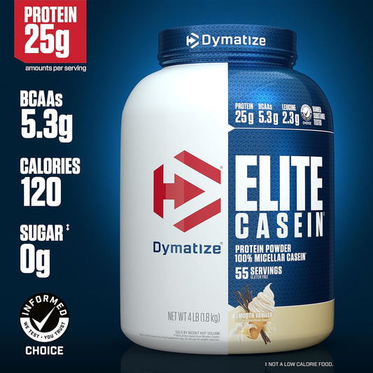 Dymatize Elite Casein Protein Powder, Slow Absorbing With Muscle Building Amino Acids, 100% Micellar Casein, 25G Protein, 5.4G Bcaas & 2.3G Leucine, Helps Overnight Recovery, Smooth Vanilla, 4 Pound