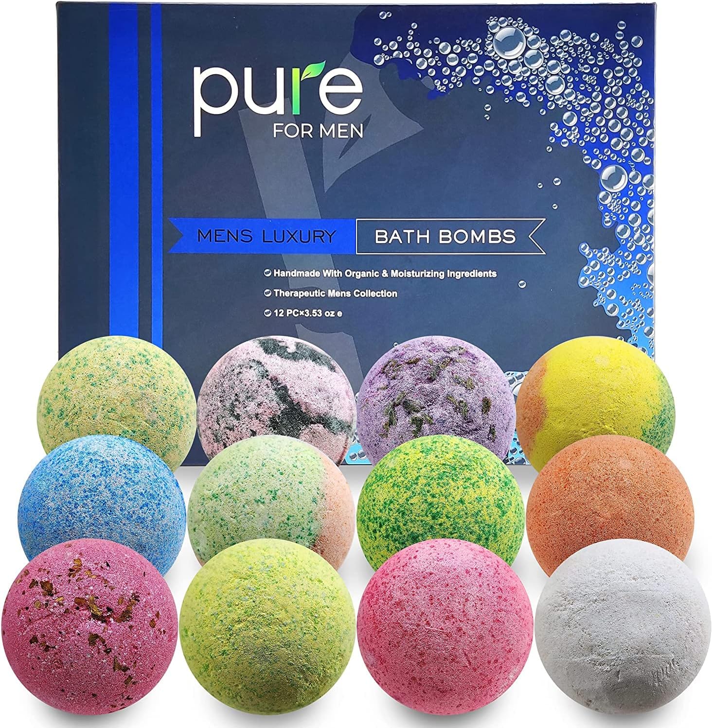 Pure Bath Bomb Gift Set For Men, 12 Xl Organic Bath Bombs For Men Relaxing Bath Spa Gift Idea For Dad, Husband, Boyfriend, For Special Occasions, Birthdays, Holidays! : Beauty & Personal Care