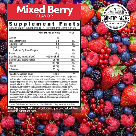 Country Farms Super Reds, Energizing Polyphenol Superfood, 48 Super Fruits And Berries, Powerful Antioxidants And Polyphenols, Supports Energy, 20 Servings, Mixed Berry Flavor