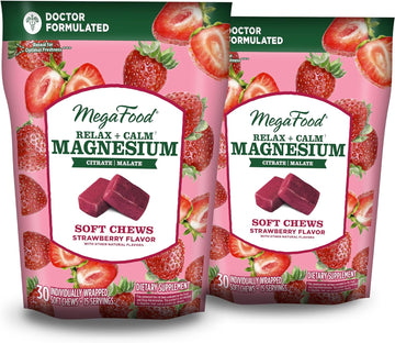 Megafood Relax + Calm Magnesium Supplement - Soft Chews With Magnesium Citrate & Magnesium Malate For Heart Health, Muscle Tension & More - Vegetarian - Strawberry-Flavor - 30 Chews Per Pack (2 Pack)