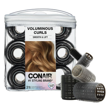 Conair Heatless Curlers 31 Count - Heatless Curls Overnight, Assorted Sizes - Self Grip Hair Rollers - Hair Styling Tools - Black & Gray - W/Storage Case