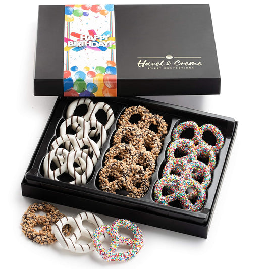 Birthday Pretzel Box - 12 Pieces - Birthday Chocololate Candy Gift - Dark Chocolate Covered Pretzels - Vegan Chocolate Pretzel Gift