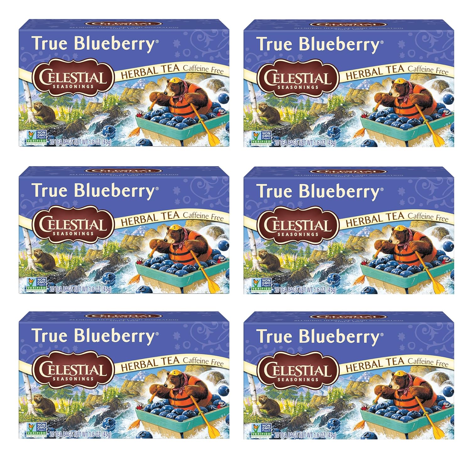 Celestial Seasonings True Blueberry Herbal Tea, Caffeine Free, 20 Tea Bags Box, (Pack Of 6)