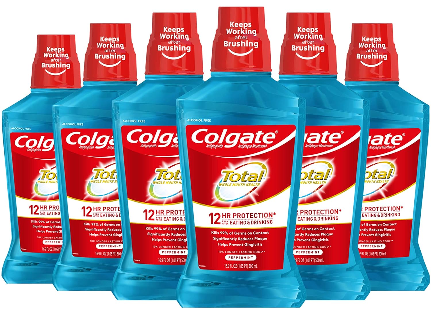 Colgate Total Pro-Shield Alcohol Free Mouthwash, Antibacterial Formula, Peppermint - 500 Ml, 16.9 Fluid Ounce (6 Pack)