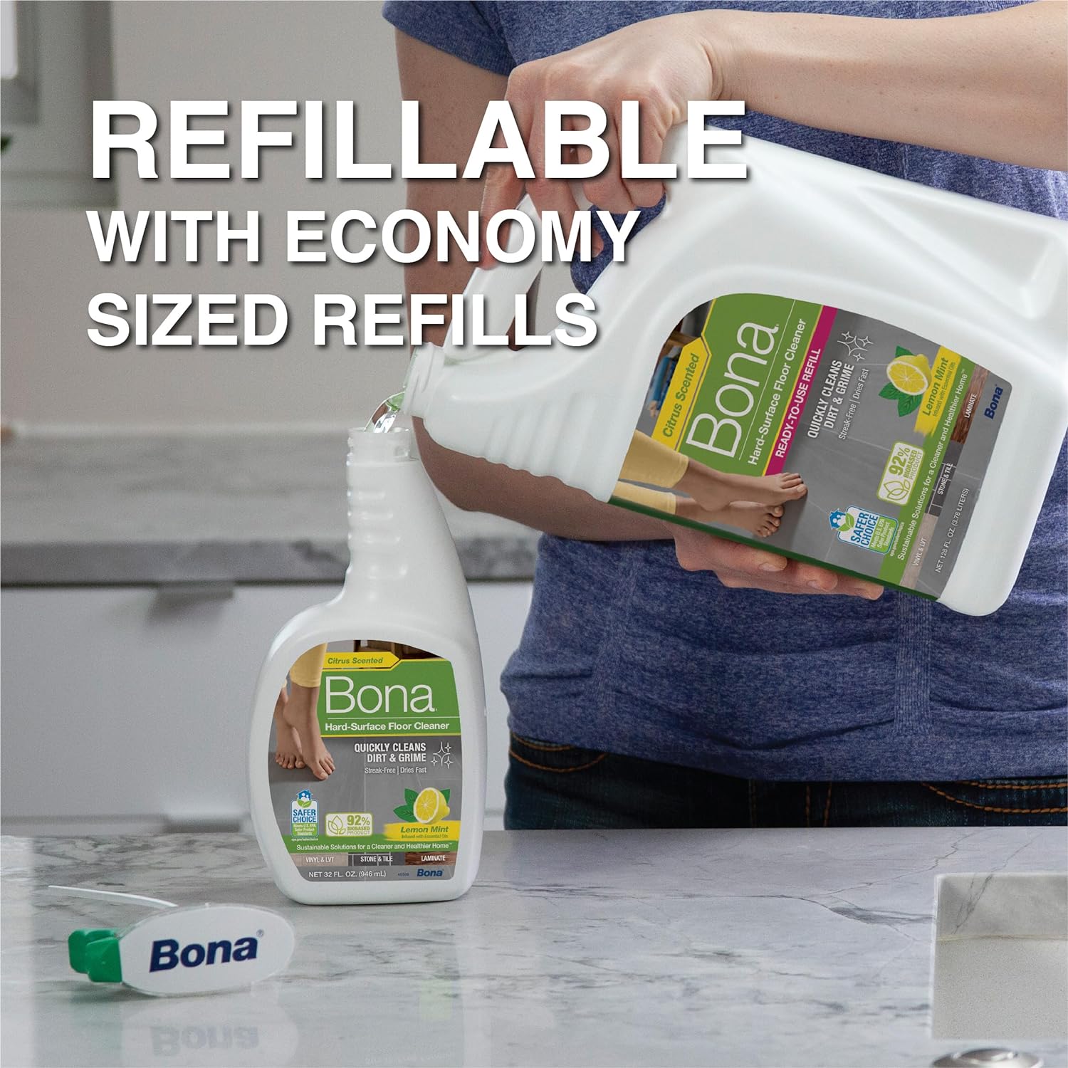 Bona Multi-Surface Floor Cleaner Spray - 32 fl oz - Lemon Mint Scent - Refillable - Residue-Free Floor Cleaning Solution for Stone, Tile, Laminate, and Vinyl Floors : Health & Household