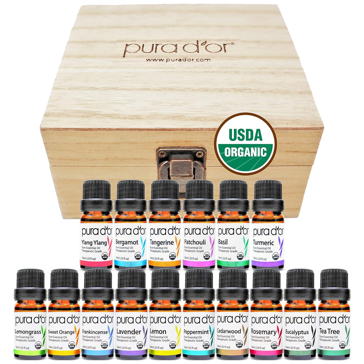 Pura D'Or Organic Sweet16 Essential Oils Set - 16X 10Ml Wood Box Aromatherapy Gift Set - 100% Pure Therapeutic Grade For Relaxation And Wellness (Lavender, Tea Tree, Turmeric, Ylang Ylang And More)