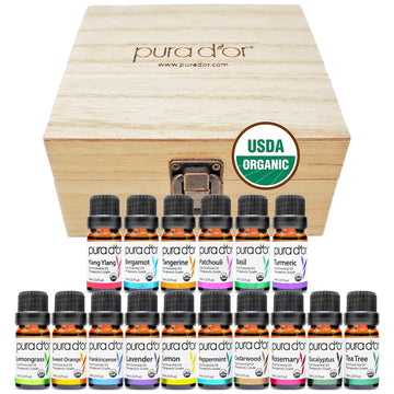 Pura D'Or Organic Sweet16 Essential Oils Set - 16X 10Ml Wood Box Aromatherapy Gift Set - 100% Pure Therapeutic Grade For Relaxation And Wellness (Lavender, Tea Tree, Turmeric, Ylang Ylang And More)