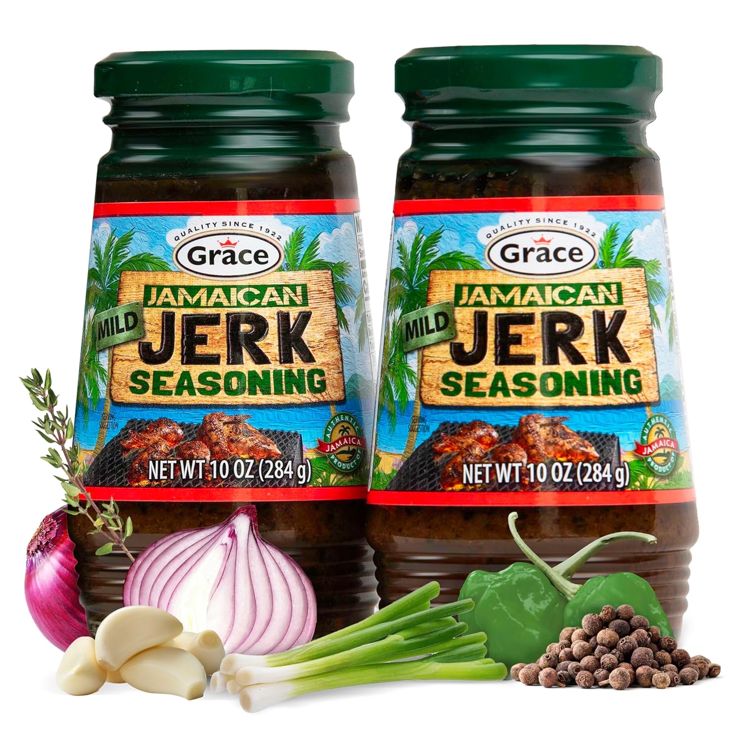 Grace Jamaican Mild Jerk Seasoning (Two 10 Oz Jars) - Mild Jerk Seasoning Jamaican Style - Caribbean Jerk Seasoning Mix For Jerk Chicken Seasoning & Oxtail Seasoning