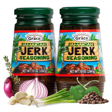 Grace Jamaican Mild Jerk Seasoning (Two 10 Oz Jars) - Mild Jerk Seasoning Jamaican Style - Caribbean Jerk Seasoning Mix For Jerk Chicken Seasoning & Oxtail Seasoning